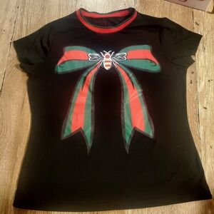Black Tee with Red & Green Bow and Bee Graphic